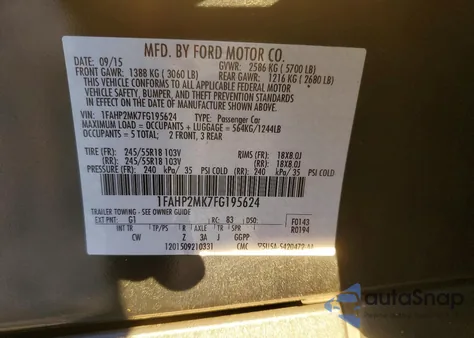 2015 Ford Taurus Police Interceptor z USA, uszkodzony, nr VIN 1FAHP2MK7FG195624